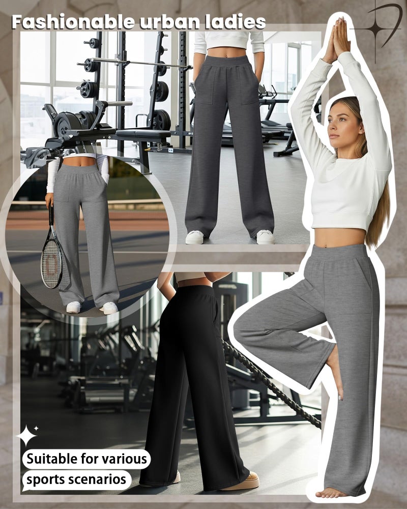 Yearntown 3 Pack Women's Wide Leg Baggy Sweatpants Fleece Elastic Lounge Pants with Pockets Casual Loose Yoga Jogger Pants(Black, Light Mixed Gray, Dark Mixed Gray,Large) - Image 3