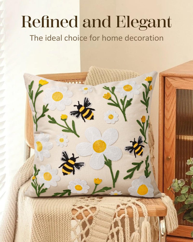 Kokaaee Embroidered Throw Pillow Cover 18x18 Inch - Spring Summer Boho Decorative Pillow Cover with Zipper for Living Room Couch Sofa Bed Aesthetic Design Flower Bee Cushion Pillowcase - Image 5