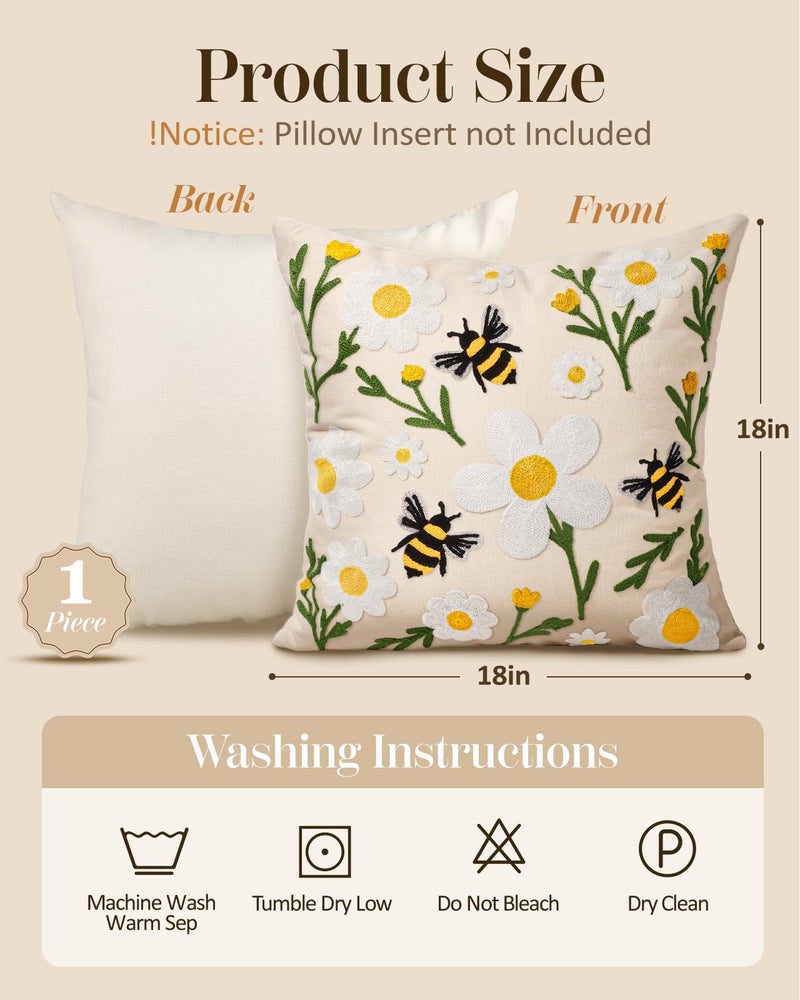 Kokaaee Embroidered Throw Pillow Cover 18x18 Inch - Spring Summer Boho Decorative Pillow Cover with Zipper for Living Room Couch Sofa Bed Aesthetic Design Flower Bee Cushion Pillowcase - Image 4