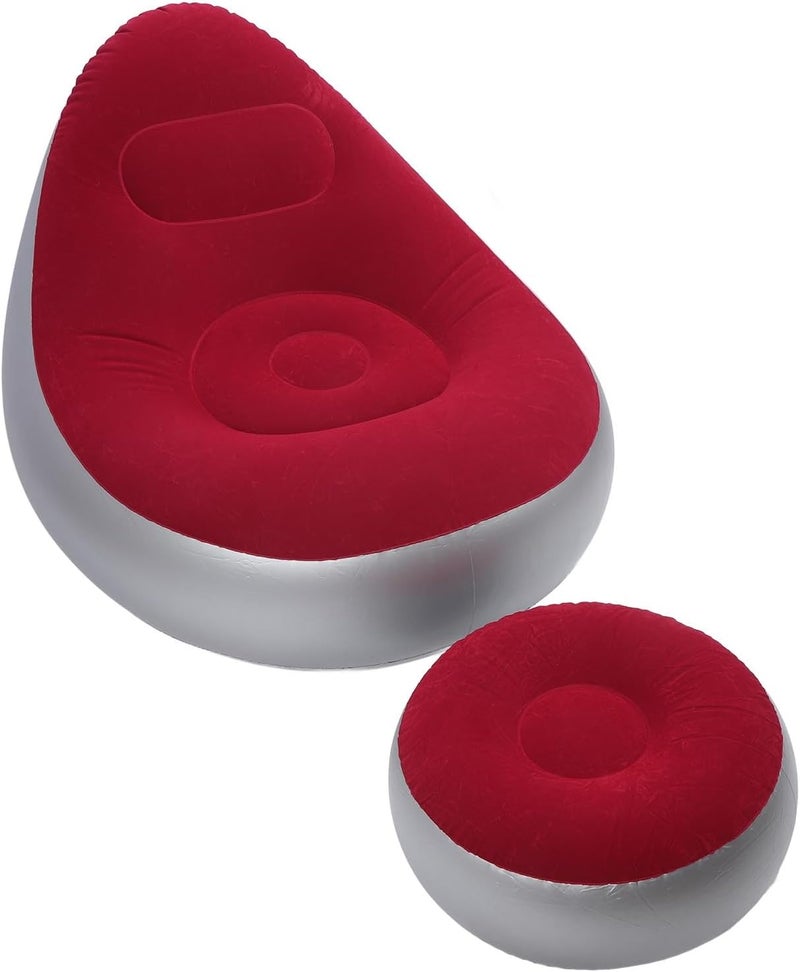 Inflatable Lounge Chair with Footstool, Portable Folding Blow Up Sofa, PVC Flocking Material, Lightweight and Compact - Quick Inflation, Ergonomic Support for Indoor Outdoor Use (Red) - Image 3