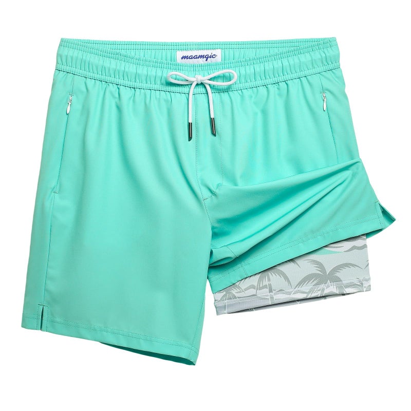maamgic 2 in 1 Mens Swim Trunks 7 Inch Swim Shorts Swim Suits Board Shorts Coconut Island Turquoise L - Image 1