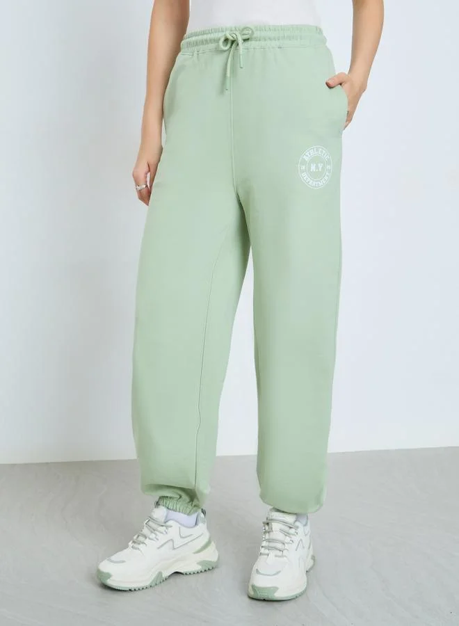Styli Green Cotton Joggers with Drawstring Waist