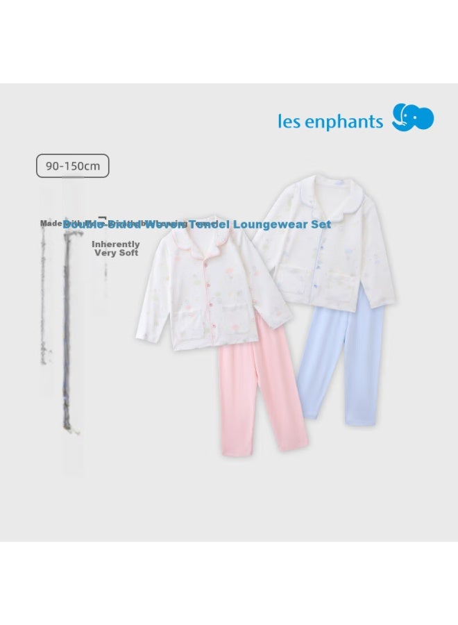 Les enphants Li Ying Fang Children's Homewear Set Boys Girls Long Sleeve Long Pants Set Soft Pink 150 CM - Image 2