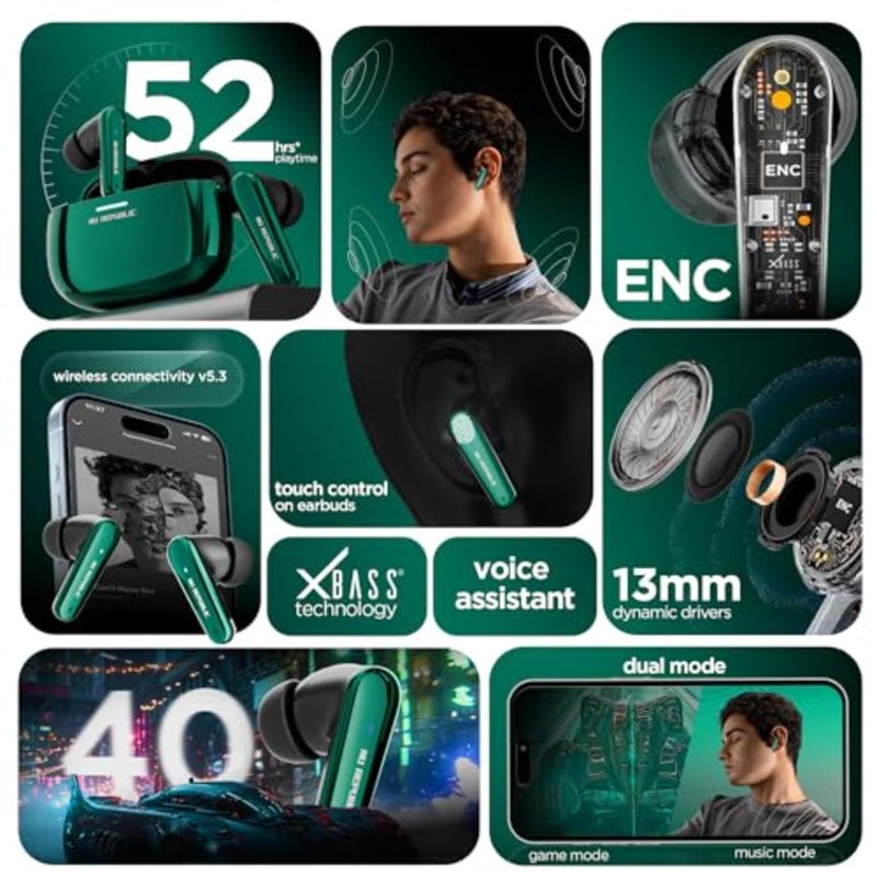 Epic X4 with 52 Hour Playtime, X-Bass® Technology, 13mm Neodymium Drivers, ENC Mics, Dual Mode, 40ms Low Latency, Quick Charge 15mins = 200 Mins Play TWS Earbuds Cosmic Green - Image 3