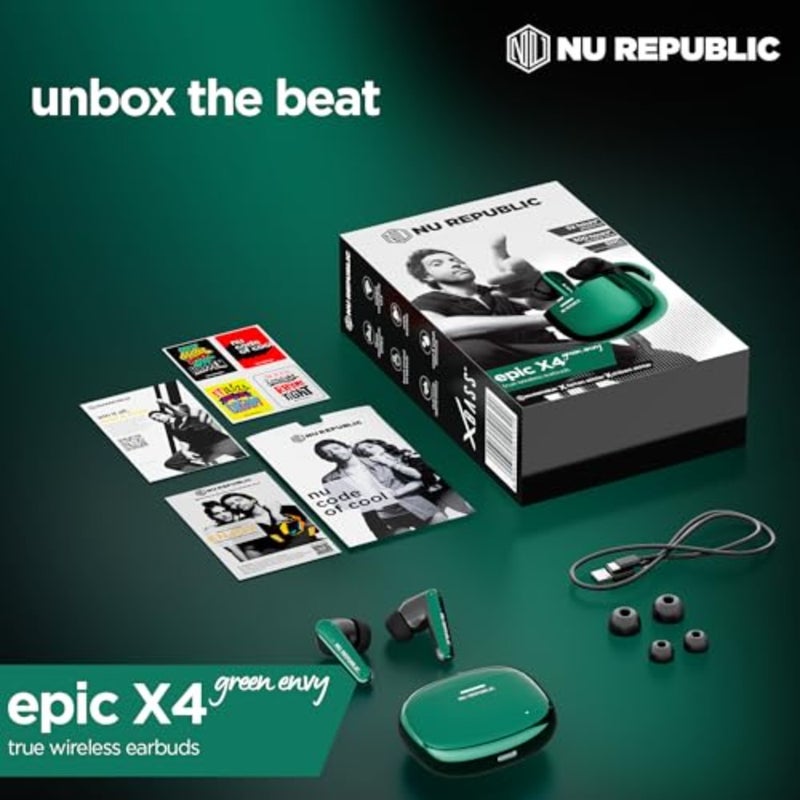 Epic X4 with 52 Hour Playtime, X-Bass® Technology, 13mm Neodymium Drivers, ENC Mics, Dual Mode, 40ms Low Latency, Quick Charge 15mins = 200 Mins Play TWS Earbuds Cosmic Green - Image 5