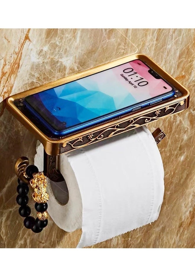 Toilet Paper Holder with Phone Shelf, Anti-Rust Aluminum Toilet Paper Roll Holder, Antique Carving Wall-Mounted Toilet Tissue Holder with Storage Shelf for Bathroom Washroom Hotel