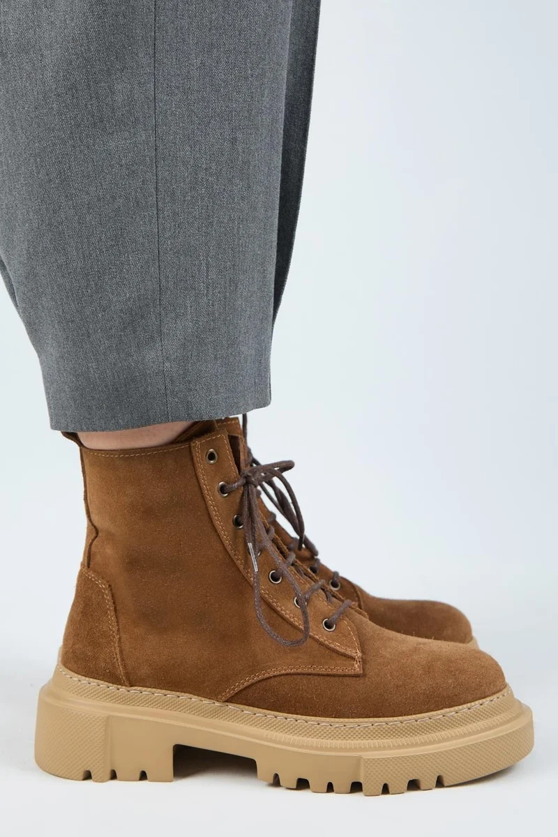 Manijero Manijero (Dilzar) Women's Genuine Leather Lace-up Boots with Inner Zipper, Tan