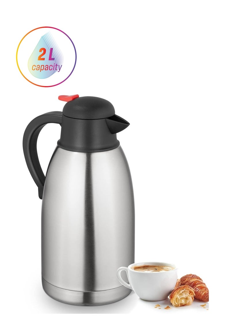 DubaiGallery 2L Thermos Flask, Double Walled Vacuum Insulated Carafe Jugs, Stainless Steel Beverage Pot with Press Button for Hot & Cold Water, Coffee, Tea and Milk  - Image 1