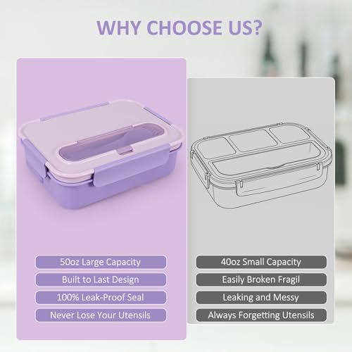Caperci Bento Box Adult - 50 oz Large Lunch Containers for Adults and Teens, 4-Compartment Bento Lunch Box with Utensils & Leak Proof Sauce Cup, Dishwasher Safe, Durable, BPA-Free (Lavender) - Image 4