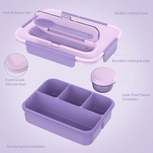 Caperci Bento Box Adult - 50 oz Large Lunch Containers for Adults and Teens, 4-Compartment Bento Lunch Box with Utensils & Leak Proof Sauce Cup, Dishwasher Safe, Durable, BPA-Free (Lavender) - Image 5