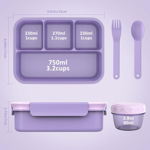 Caperci Bento Box Adult - 50 oz Large Lunch Containers for Adults and Teens, 4-Compartment Bento Lunch Box with Utensils & Leak Proof Sauce Cup, Dishwasher Safe, Durable, BPA-Free (Lavender) - Image 2