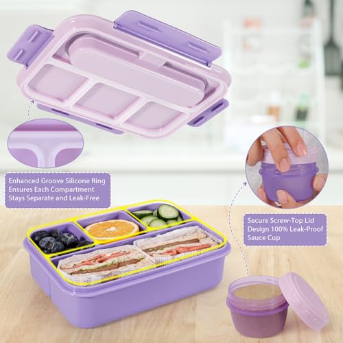 Caperci Bento Box Adult - 50 oz Large Lunch Containers for Adults and Teens, 4-Compartment Bento Lunch Box with Utensils & Leak Proof Sauce Cup, Dishwasher Safe, Durable, BPA-Free (Lavender) - Image 3