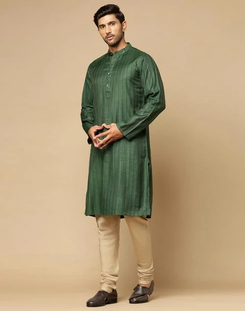Fabindia Green Viscose Blend Dobby Slim Fit Long Kurta