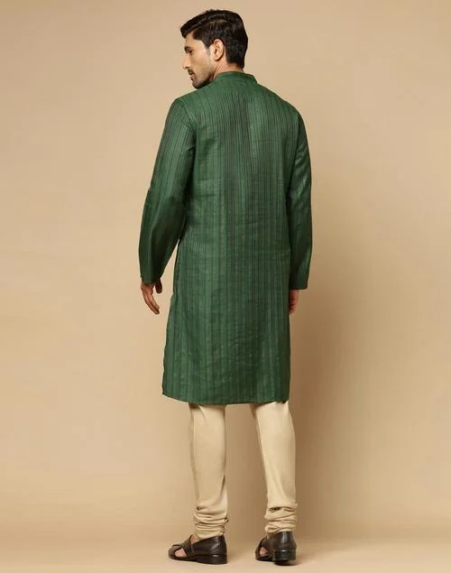 Fabindia Green Viscose Blend Dobby Slim Fit Long Kurta