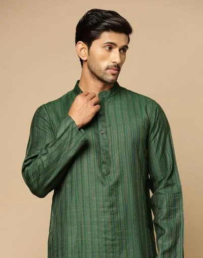 Fabindia Green Viscose Blend Dobby Slim Fit Long Kurta