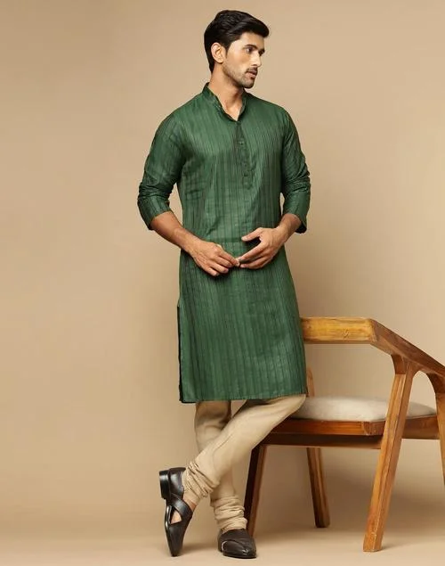 Fabindia Green Viscose Blend Dobby Slim Fit Long Kurta