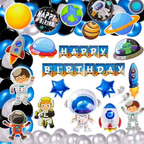 FI - FLICK IN 86 pcs Space Theme Birthday Decoration Kit Planet Astronaut Foil Balloon Rocket Cutouts Cake Topper Props Happy Birthday Space Theme Set (Pack of 86, Multicolor) - Image 1