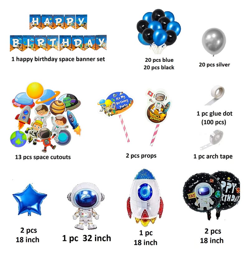 FI - FLICK IN 86 pcs Space Theme Birthday Decoration Kit Planet Astronaut Foil Balloon Rocket Cutouts Cake Topper Props Happy Birthday Space Theme Set (Pack of 86, Multicolor) - Image 2