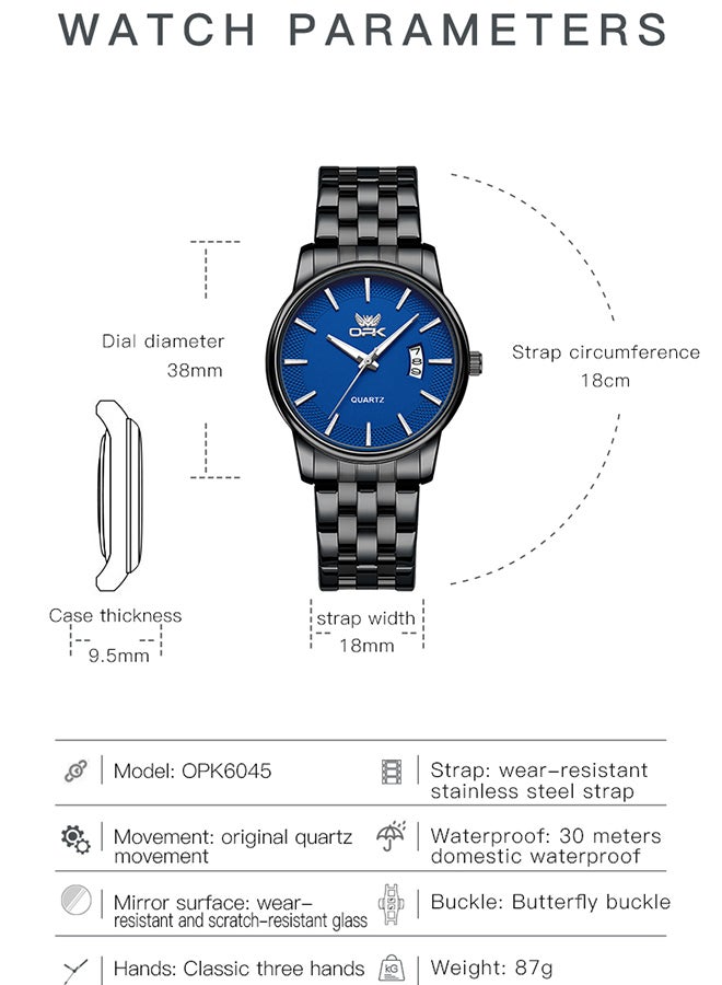 Opk Stainless Steel Strap, Simple Single Calendar, Men'S Luminous Waterproof Quartz Watch - 6045 Steel Strap, All Black And Blue. - Image 3