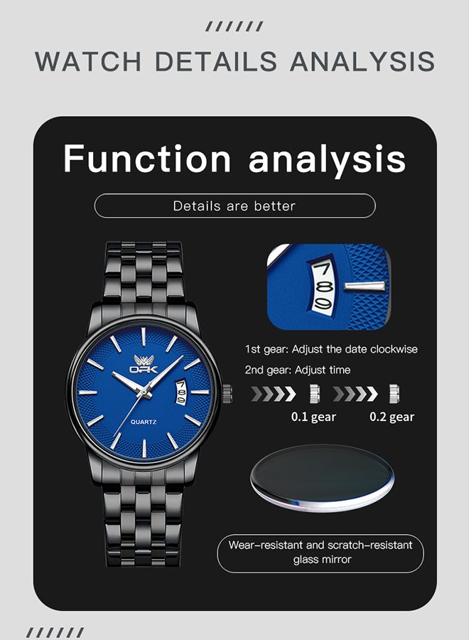 Opk Stainless Steel Strap, Simple Single Calendar, Men'S Luminous Waterproof Quartz Watch - 6045 Steel Strap, All Black And Blue. - Image 4