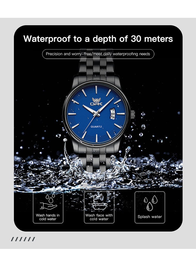 Opk Stainless Steel Strap, Simple Single Calendar, Men'S Luminous Waterproof Quartz Watch - 6045 Steel Strap, All Black And Blue. - Image 5