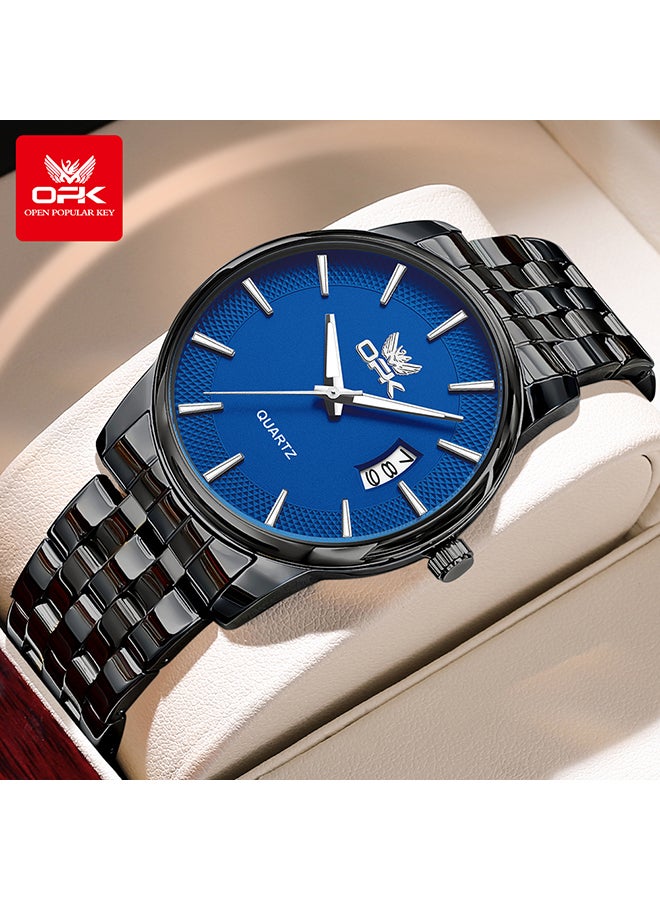 Opk Stainless Steel Strap, Simple Single Calendar, Men'S Luminous Waterproof Quartz Watch - 6045 Steel Strap, All Black And Blue. - Image 1