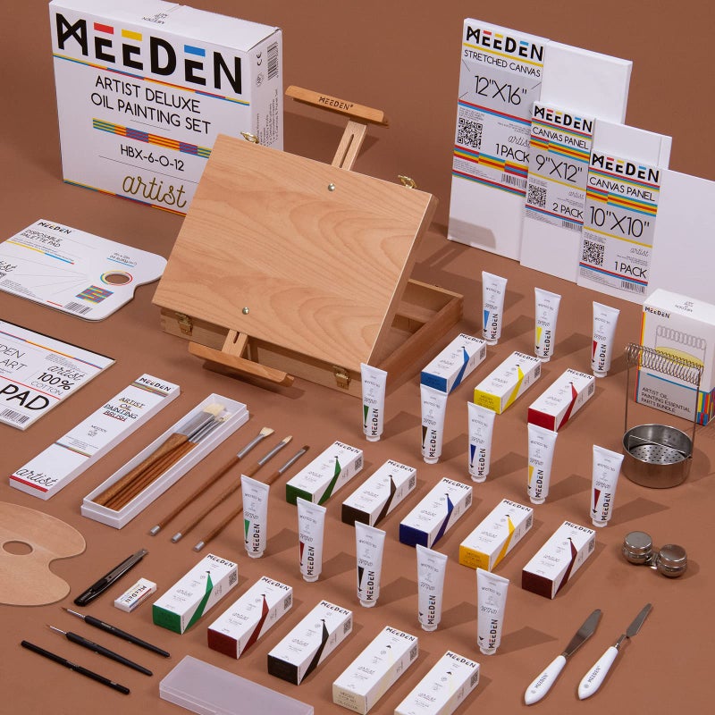 طقم زيت الرسم من MEEDEN مع صندوق حامل الرسم - مجموعة أدوات فنية احترافية مع فرش الرسم، سكاكين اللوحة، ولوحات للرسم للبالغين