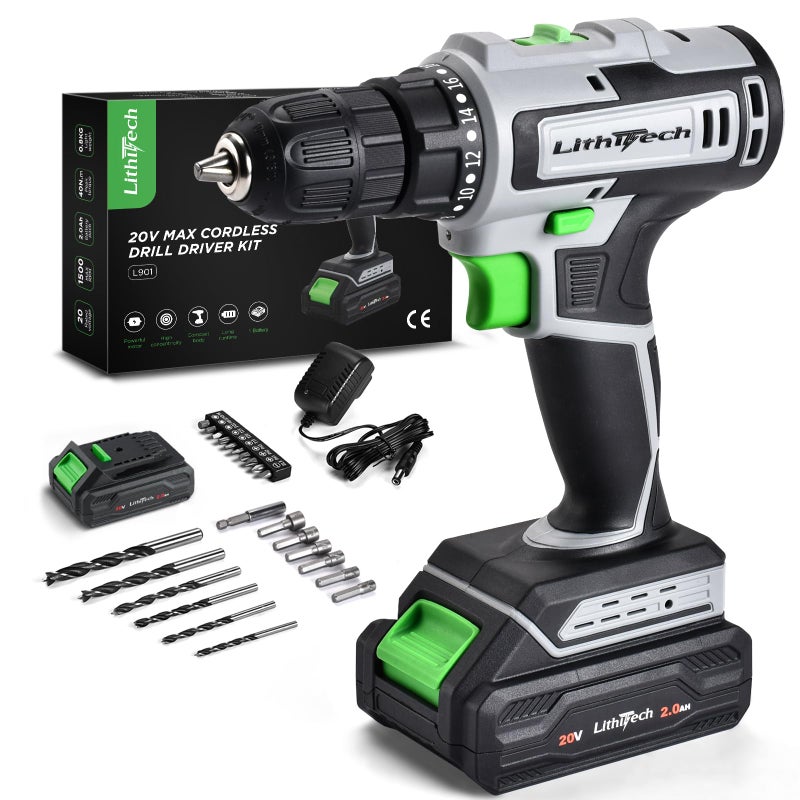 Lithitech Cordless Drill Set, 20V Power Drill with Battery 2.0Ah and Charger, 3/8-Inch Keyless Chuck Electric drill, 18+1 Position, 2 Variable Speed, 380 In-lb Torque (Green) - Image 1