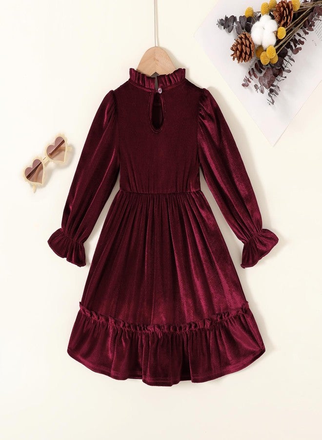 JEELLIGULAR Toddler Girls Long Sleeve Velvet Vintage Dresses for Littler Kids Fall Winter Clothes Outfits(3-4T,Vine Red) - Image 3