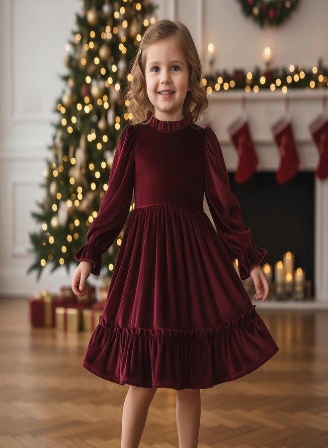 JEELLIGULAR Toddler Girls Long Sleeve Velvet Vintage Dresses for Littler Kids Fall Winter Clothes Outfits(3-4T,Vine Red) - Image 2