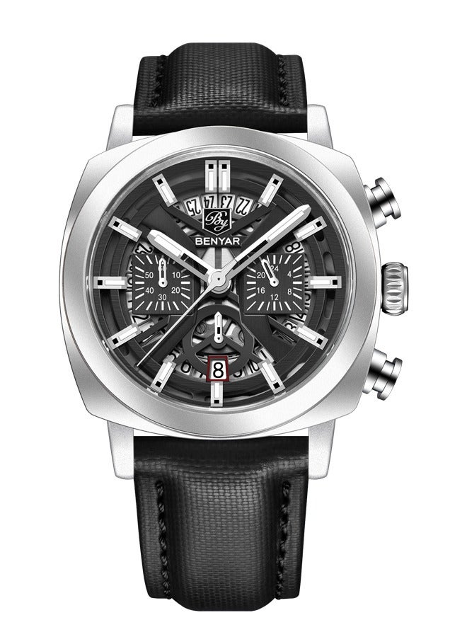 بينيار ساعات رجالية مع جلد طبيعي مربط الساعة كوارتز حركة فتحة ماء ساعة معصم للرجال مؤشرات لوم - Image 1