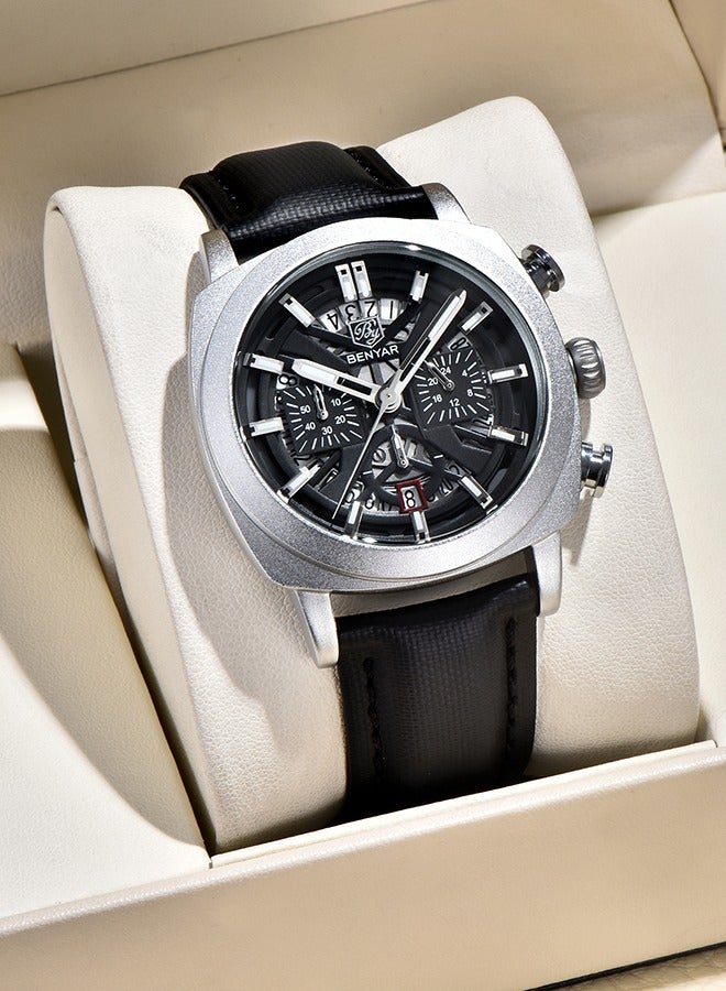 بينيار ساعات رجالية مع جلد طبيعي مربط الساعة كوارتز حركة فتحة ماء ساعة معصم للرجال مؤشرات لوم - Image 2