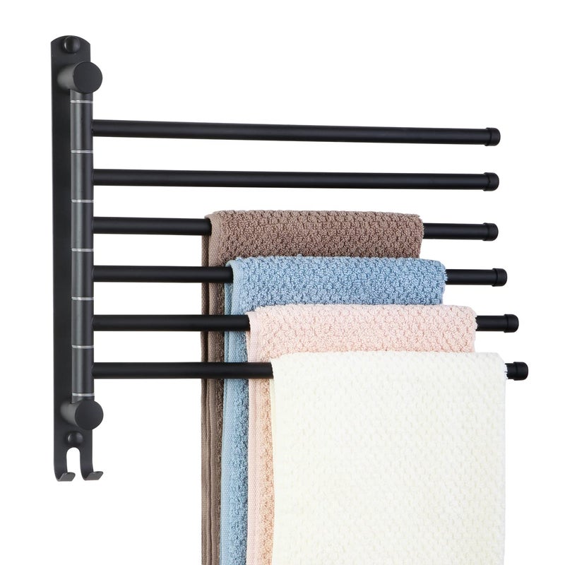 Space Saving Towel Rack JSVER Black Space Saving Towel Holder Towel Rack Wall Mounted Swivel Hand Towel Holder 6Arms Towel Bar Towel Racks for Bathroom