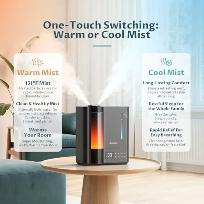 BREEZOME 8L Humidifiers for Bedroom, Warm & Cool Mist for Large Room Home, Top Fill Ultrasonic Humidifier, Humidity Sensor, Essential Oil, 60H Runtime, Quiet for Baby, Plants, Fast Relief - Image 2
