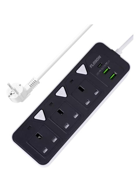 Power strip with extension cord with USB port and USB Type C port, power strip with 3 power sockets, overload protection feature and child safety lock, model ST-8933