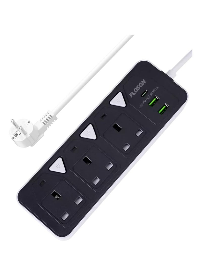 Generic - Power strip with extension cord with USB port and USB Type C port, power strip with 3 power sockets, overload protection feature and child safety lock, model ST-8933 - Image 1