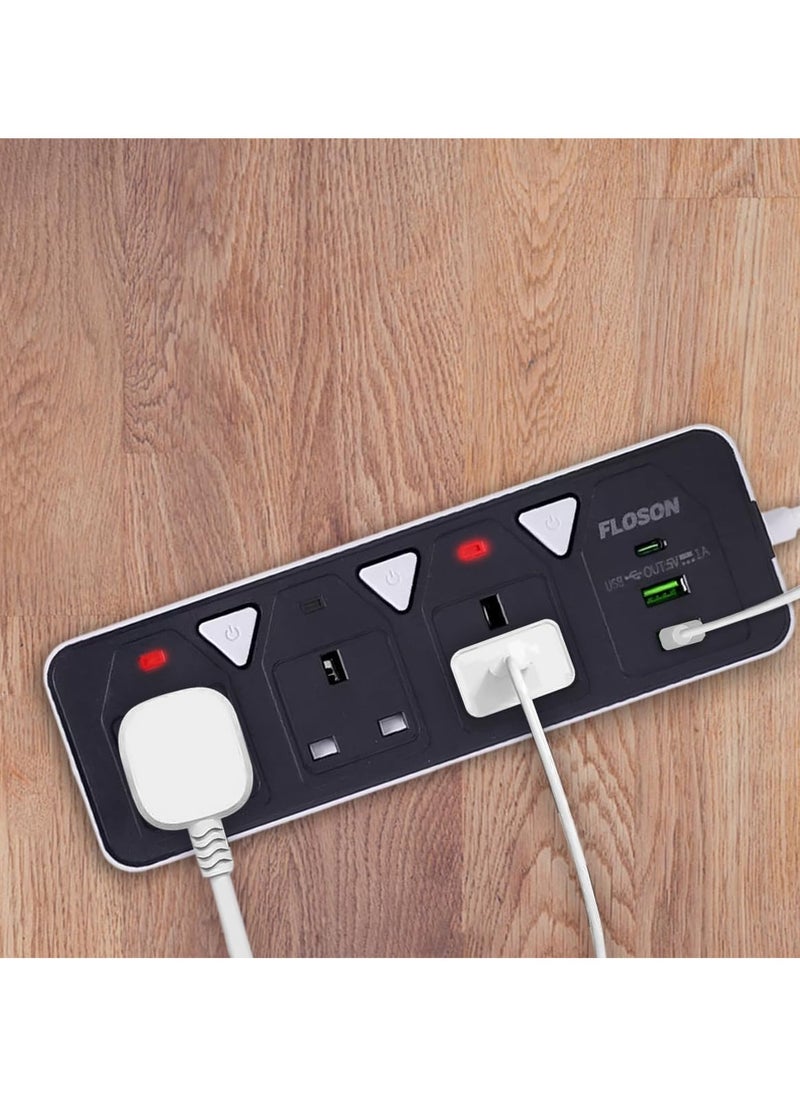 Generic - Power strip with extension cord with USB port and USB Type C port, power strip with 3 power sockets, overload protection feature and child safety lock, model ST-8933 - Image 1