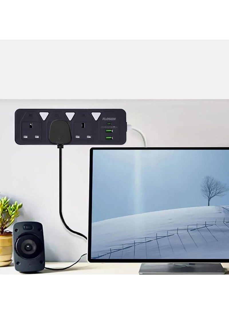 Generic - Power strip with extension cord with USB port and USB Type C port, power strip with 3 power sockets, overload protection feature and child safety lock, model ST-8933 - Image 1