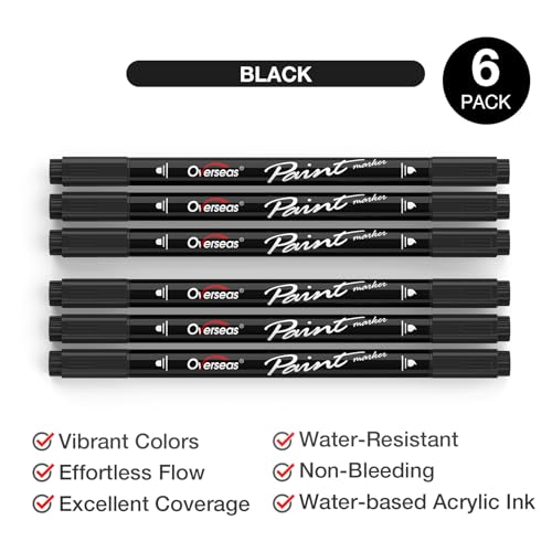 Overseas Black Acrylic Paint Markers, 6 Pack Dual Tip Paint Pens Acrylic Markers - Dot and Brush Tip Coloring Marker for Wood, Rock, Canvas, Glass, Metal, Plastic, Rubber, Fabric, School Supplies - Image 2