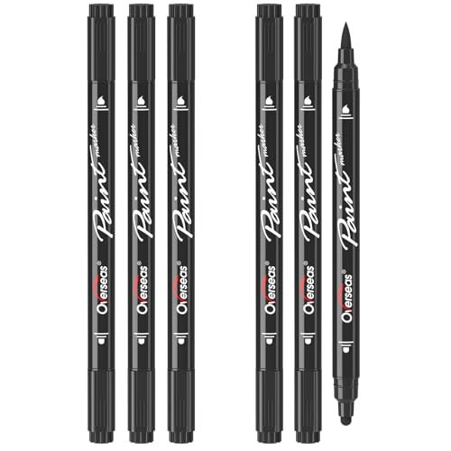 Overseas Black Acrylic Paint Markers, 6 Pack Dual Tip Paint Pens Acrylic Markers - Dot and Brush Tip Coloring Marker for Wood, Rock, Canvas, Glass, Metal, Plastic, Rubber, Fabric, School Supplies - Image 1