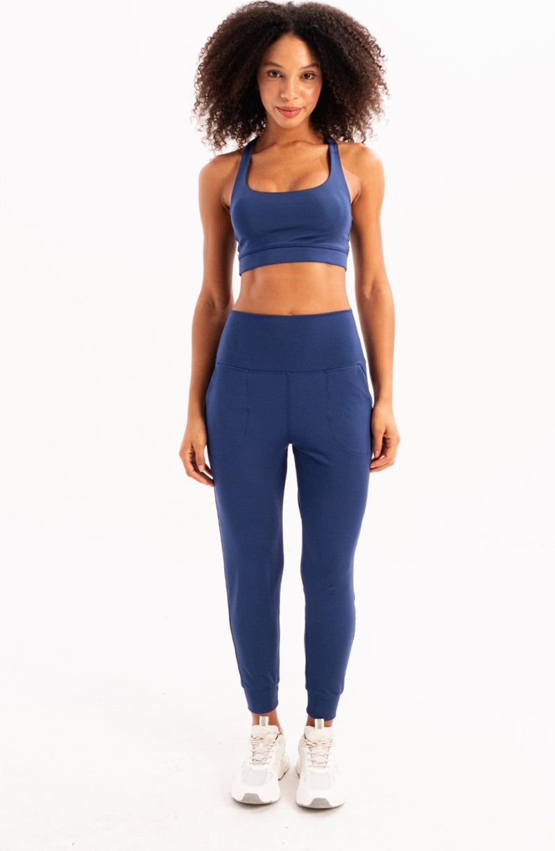 Justever High Waist Elastic Pocket Relaxed Cut Slimming Jogger Navy Blue Women's Sweatpants - Beat  - Image 1