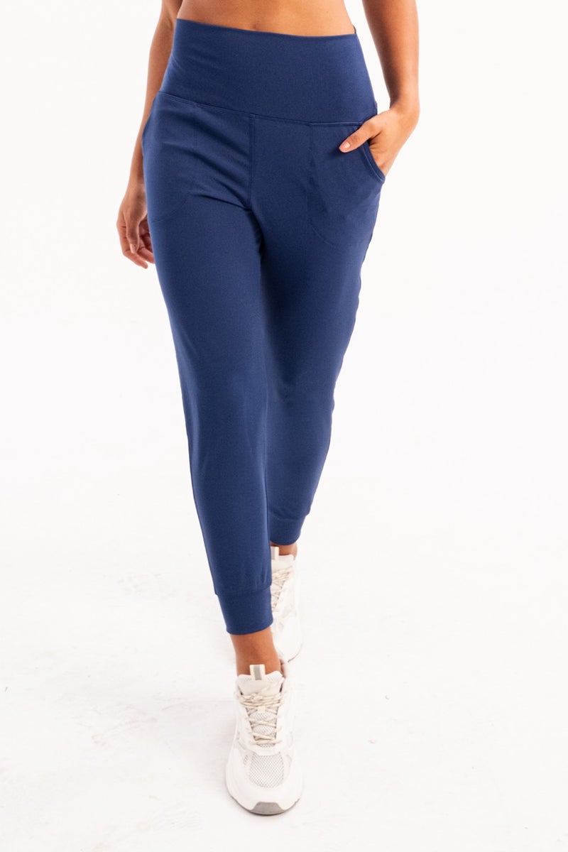 Justever High Waist Elastic Pocket Relaxed Cut Slimming Jogger Navy Blue Women's Sweatpants - Beat  - Image 3