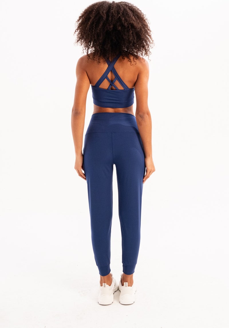 Justever High Waist Elastic Pocket Relaxed Cut Slimming Jogger Navy Blue Women's Sweatpants - Beat  - Image 4