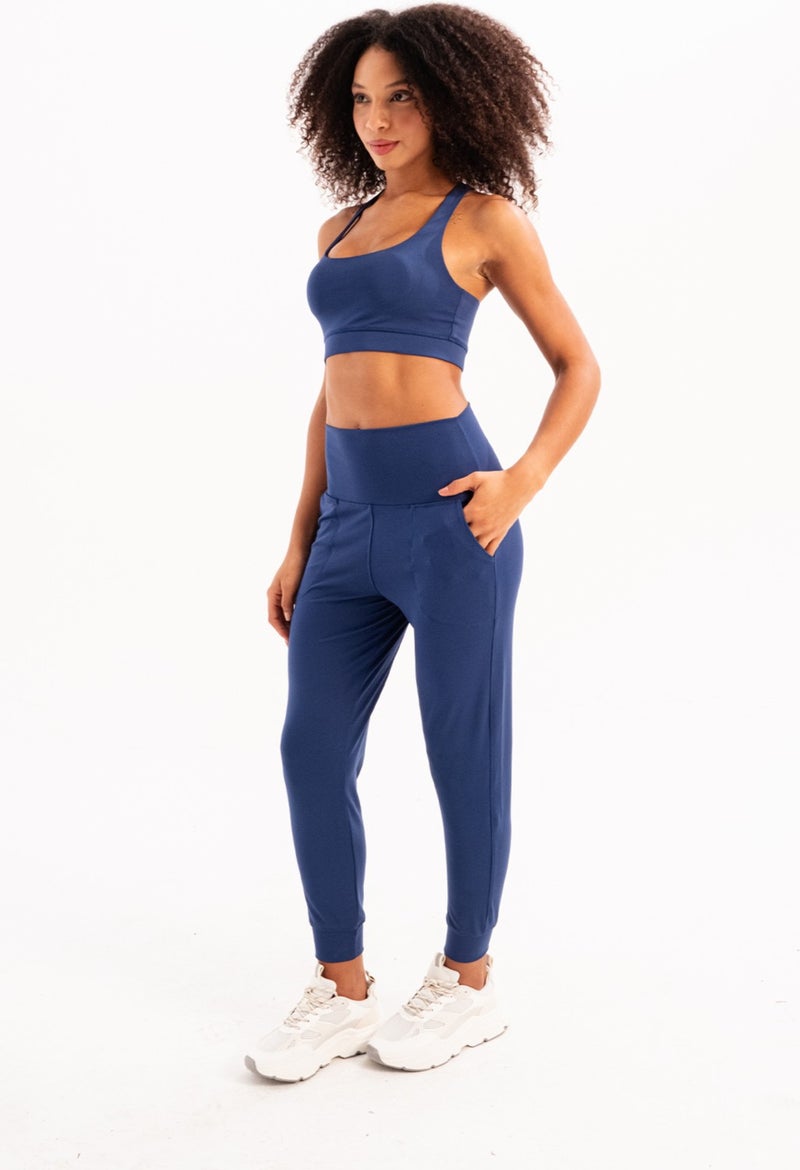 Justever High Waist Elastic Pocket Relaxed Cut Slimming Jogger Navy Blue Women's Sweatpants - Beat  - Image 5