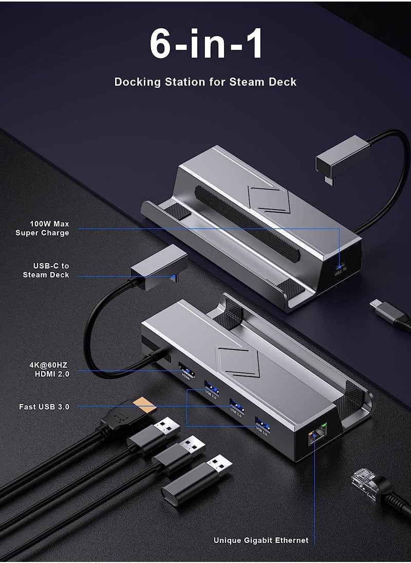 Generic - Steam Deck Dock 6 in 1 Docking Station for Steam Deck with HDMI 2.0 4K@60Hz Gigabit Ethernet 3 USB 3.0 and Full Speed USB-C Charge Port Compatible with Valve Steam Deck - Image 1