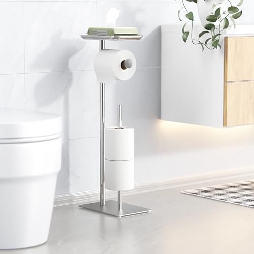 Josmimic Toilet Paper Holder Stand with Top Storage Shelf, Free Standing Toilet Roll Dispenser for Bathroom, Holds 4 Reserve Rolls - Image 2