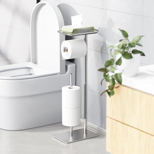Josmimic Toilet Paper Holder Stand with Top Storage Shelf, Free Standing Toilet Roll Dispenser for Bathroom, Holds 4 Reserve Rolls - Image 1
