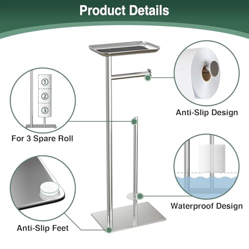Josmimic Toilet Paper Holder Stand with Top Storage Shelf, Free Standing Toilet Roll Dispenser for Bathroom, Holds 4 Reserve Rolls - Image 5