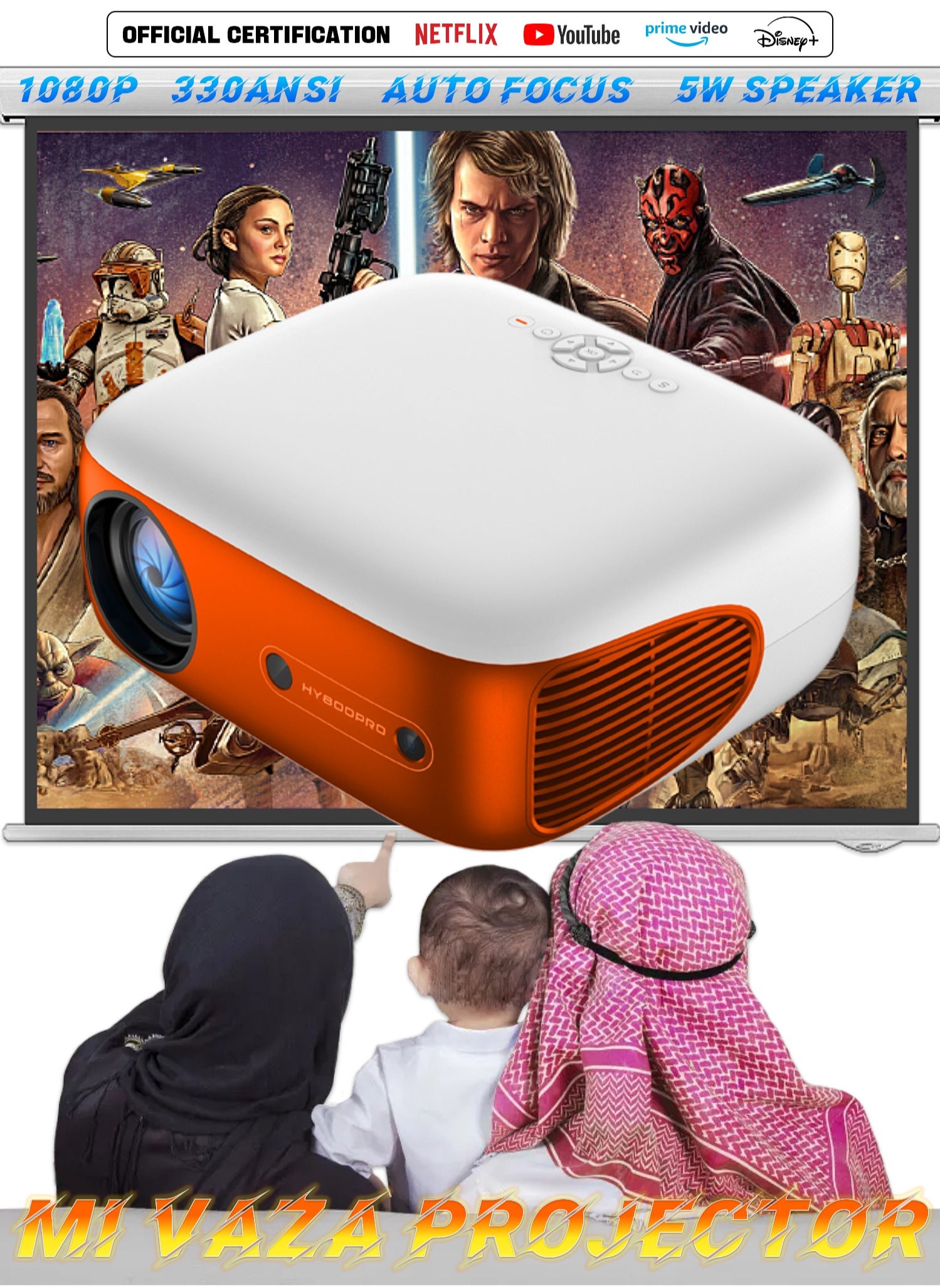 Mi VAZA LCD Projector - 330ANSI Lumen - Auto Focus - Support Netflix, YouTube, Disney+, Prime Video, Official Certification - Support 4K - Portable Mobile Home Theater - Suitable for Games, Office, Movies 