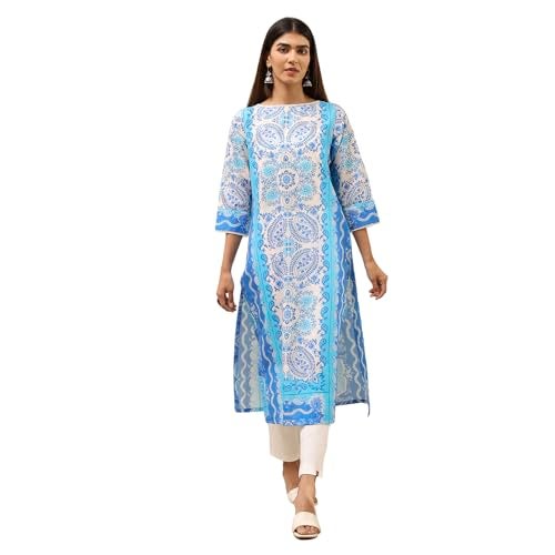 Biba Women Dark Blue Cotton Kurta_38 - Image 1